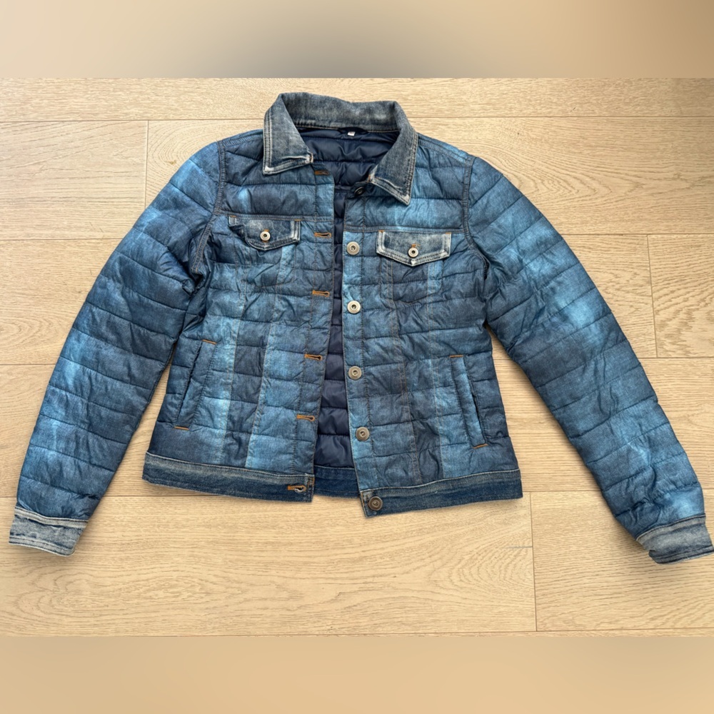 The Love Brand kids light faux denim puffer jacket with denim trim size L
